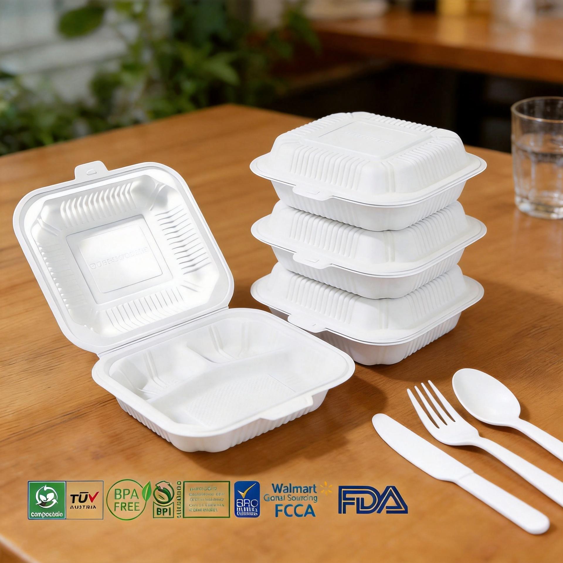 8x8 Inch 3-Compartment Disposable Cornstarch Clamshell Food Container