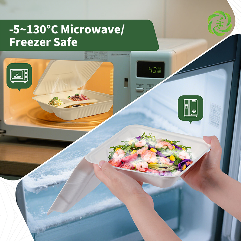 8x8 Inch 3-Compartment Disposable Cornstarch Clamshell Food Container