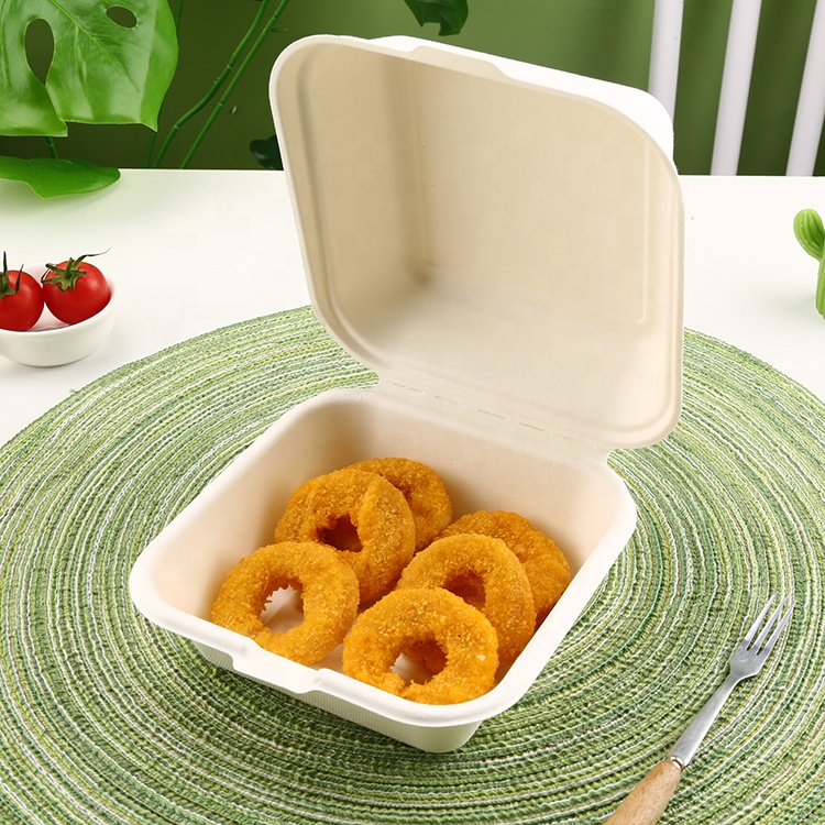 Wholesale White Natural Disposable Bagasse Clamshell Bagass 6 Inch Paper Biodegradable Packaging for Food Burger Sugarcane Box