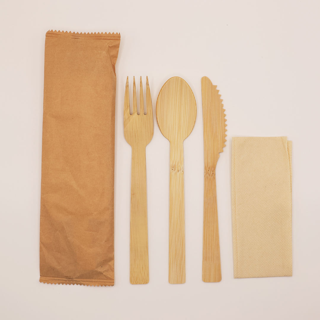 Customized Logo Disposable Bamboo Cutlery Individually Kraft Paper Wrapped Bamboo Cutlery Set Events for Hotel Resort Operations