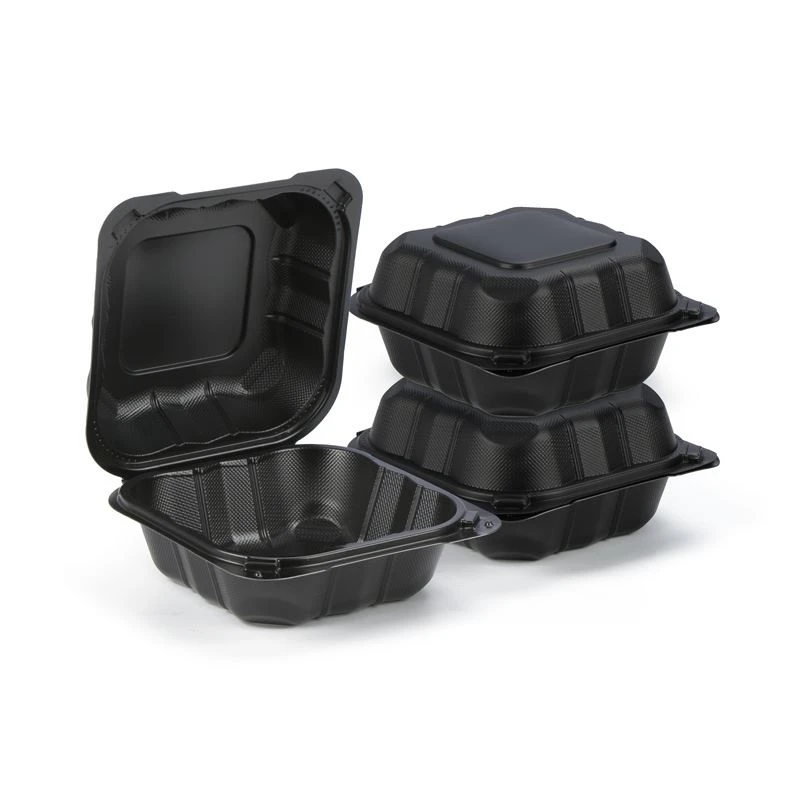 6x9 Inch Black Clamshell Takeout Container, Disposable PP Microwave Safe Hinged Lid Food Box for Restaurant Meal Prep
