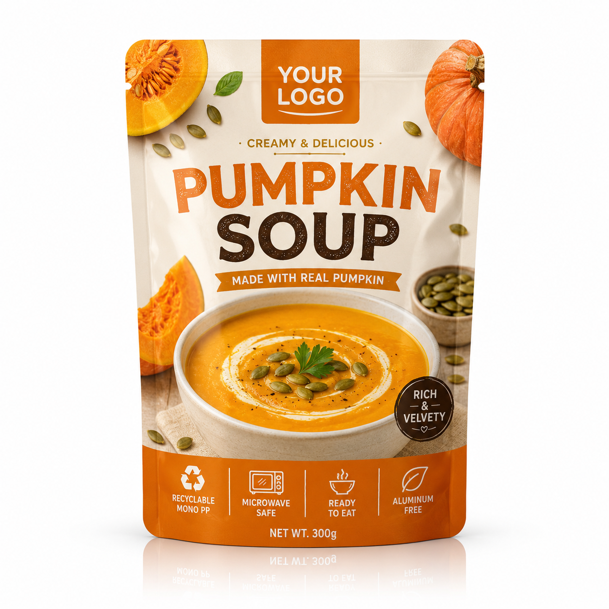 Custom Printed Mono PP Pumpkin Soup Retort Pouch Recyclable Microwave Safe Aluminum Free Food Packaging Bag