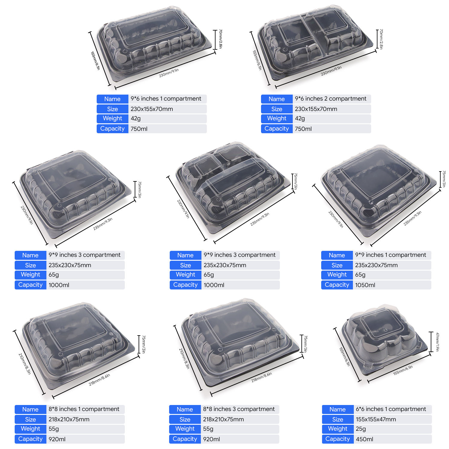 Factory Wholesale 6*9-Inch 2 Compartments Recyclable ClamShell clear Two-color PP Takeaway Food Containers