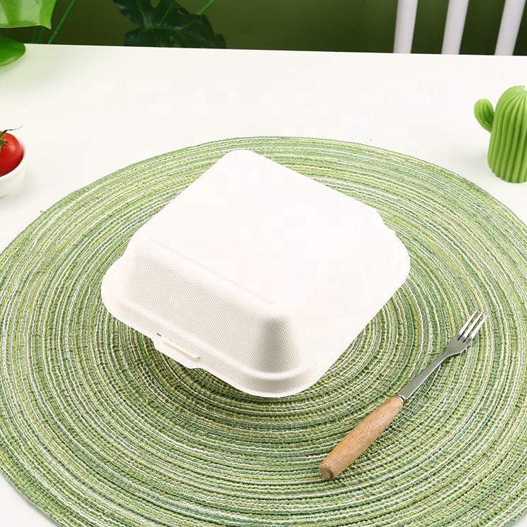 Wholesale White Natural Disposable Bagasse Clamshell Bagass 6 Inch Paper Biodegradable Packaging for Food Burger Sugarcane Box