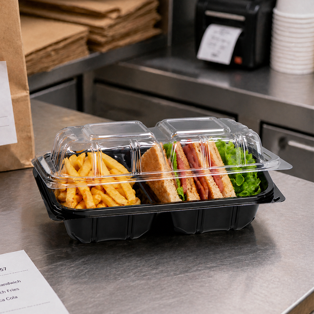 Factory Wholesale 6*9-Inch 2 Compartments Recyclable ClamShell clear Two-color PP Takeaway Food Containers