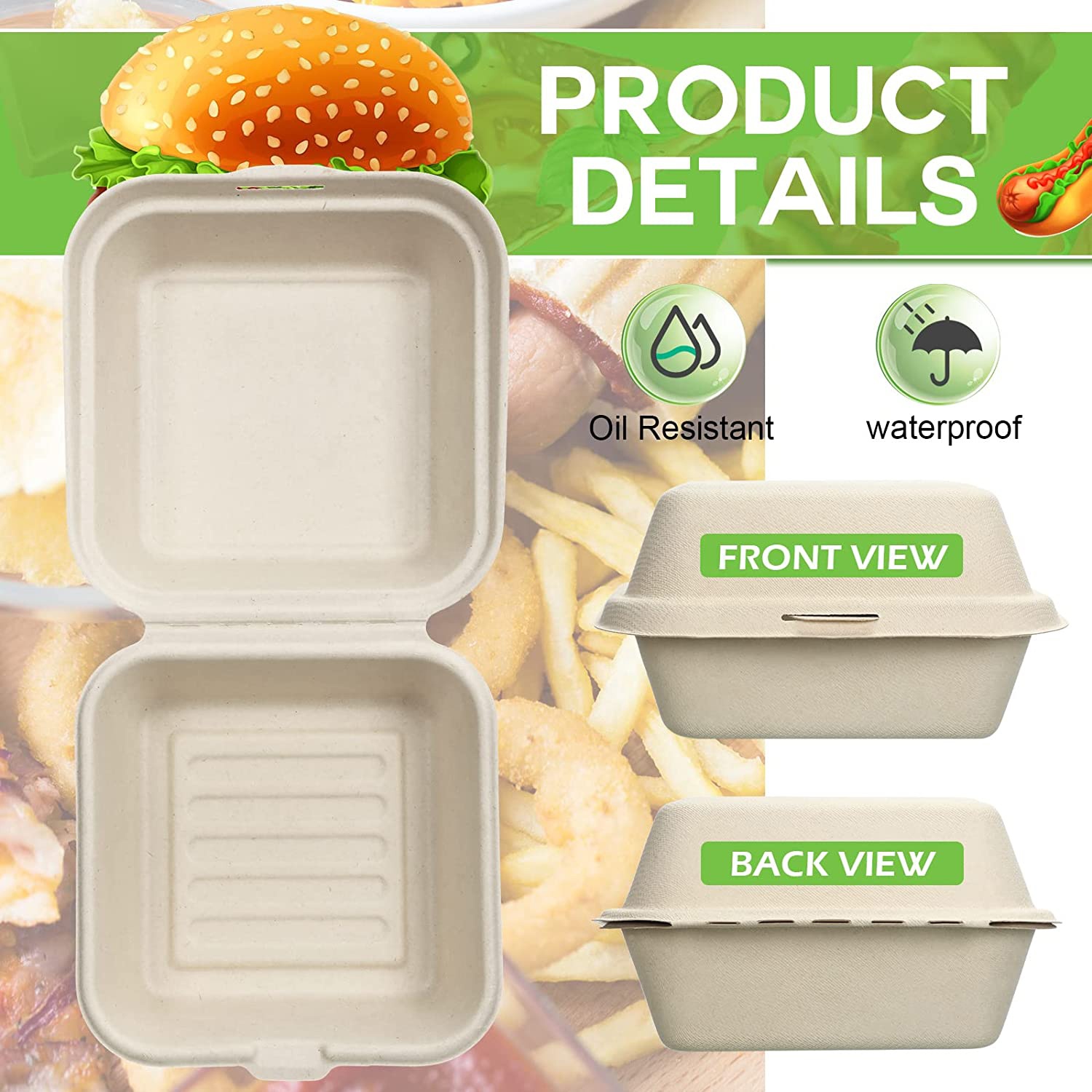 Wholesale White Natural Disposable Bagasse Clamshell Bagass 6 Inch Paper Biodegradable Packaging for Food Burger Sugarcane Box